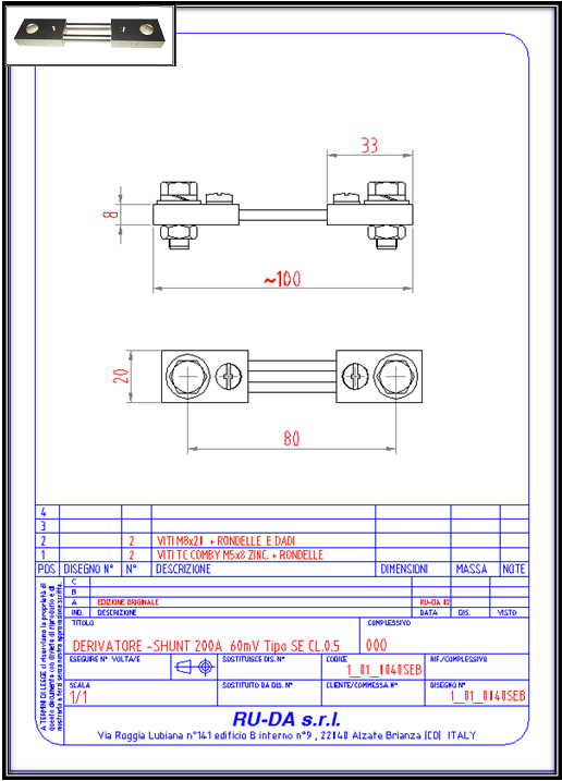Shunt 200A 60mV Nebenwiderstand 200A 60mV Dérivateur 200A 60mV RU-DA SHUNT ITALY